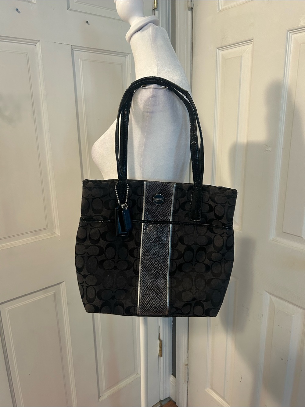 Coach Black Signature Tote with Center Snakeskin Stripe & 2 Hangtags